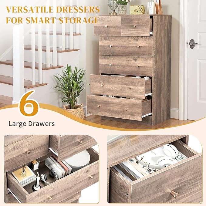 Karl home Grey 6 Drawer Dresser for Bedroom, Modern Wood Dresser Chest of Drawers, Bedroom Modern Nightstand, Anti-Tipping Device, Rose Gold Metal Handle, Living Room, Hallway, Office