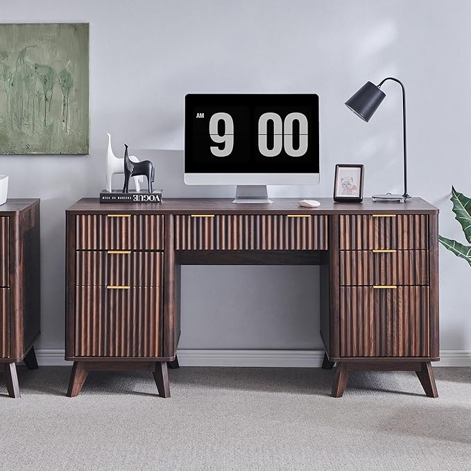 T4TREAM Fluted Executive Desk with Drawers, 60" Modern Home Office Computer Desk with Charging Station, File Cabinet, Keyboard Tray and Storage Cabinet for Study, Living Room, Bedroom, Dark Walnut