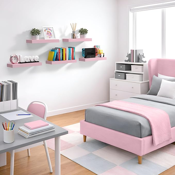 Sorbus Floating Shelves for Wall – 16 Inch Floating Shelf for Kitchen, Bedroom, Living Room, Bathroom, Home & Wall Decor - Mounted Bathroom Shelves with Invisible Brackets (Soft Pink, 5 Pack)