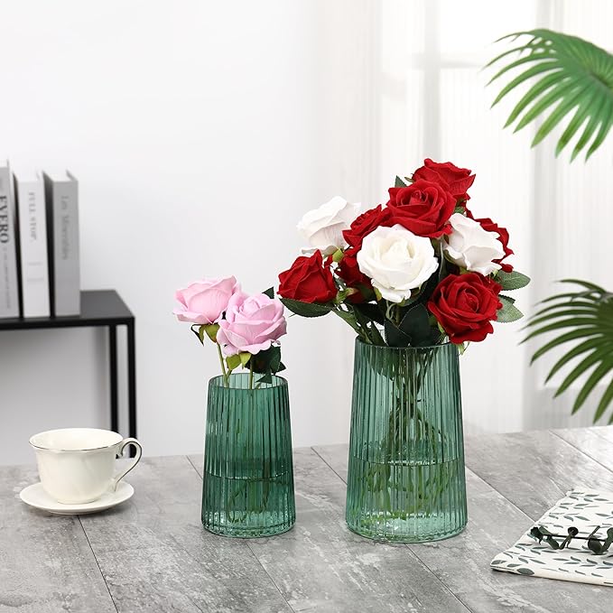 Ribbed Flower Vases Set of 2, Green Vases for Flowers, Flower Vase for Bouquet, Modern Ribbed Glass Vase for Living Room, Bedroom, Dining Table, Office, Wedding, Centerpieces