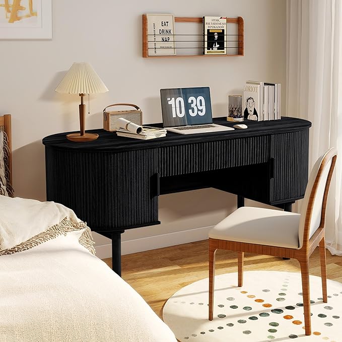 Home Office Oval Desk with Sliding Tambour Door and Drawer, Modern Fluted Wood Executive Computer Storage Desk for Study, Living Room, Bedroom, Office - Black