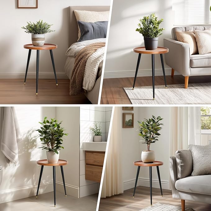 KINNARY Plant Stand Indoor, Mid Century Wood Plant Table Plant Holder with Raised Design,Heavy Duty Metal Tall Flower Pot Stand, Modern Home Decor Small Round Side End Table(11.8"x16")