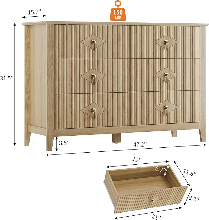 GarveeHome Fluted Dresser for Bedroom, 47.2 Inch Wide 6-Drawer Wood Dresser, Modern Chest of Drawers, Storage Organizer Cabinet for Living Room, Hallway, Entryway, Natural Oak