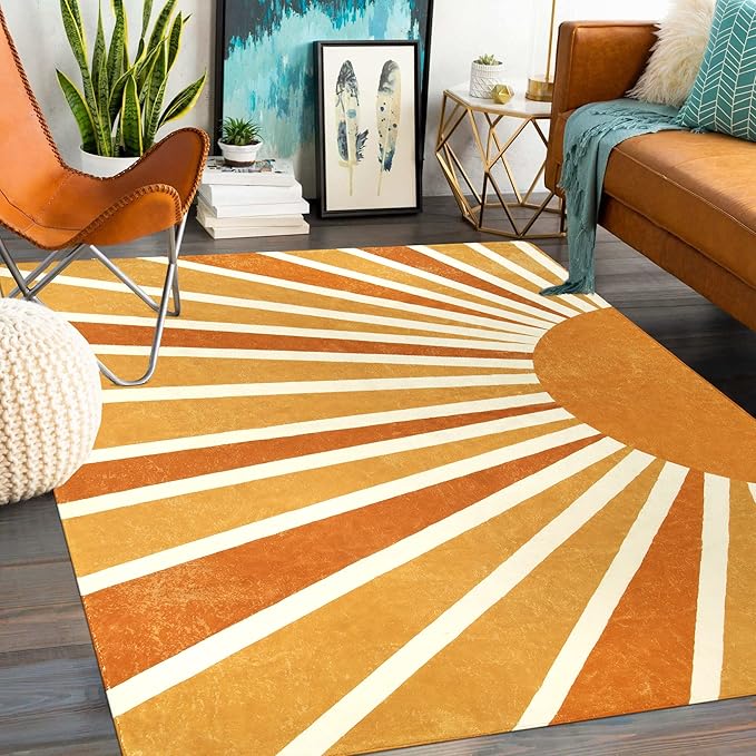 Lahome Sun Print Washable Area Rugs 9x12 Living Room Non-Slip Backing Ultra-Thin Extra Large Rug Lightweight Throw Non Shedding Dining Room Rug，Boho Rainbow Carpet for Bedroom Guest Room Office Home