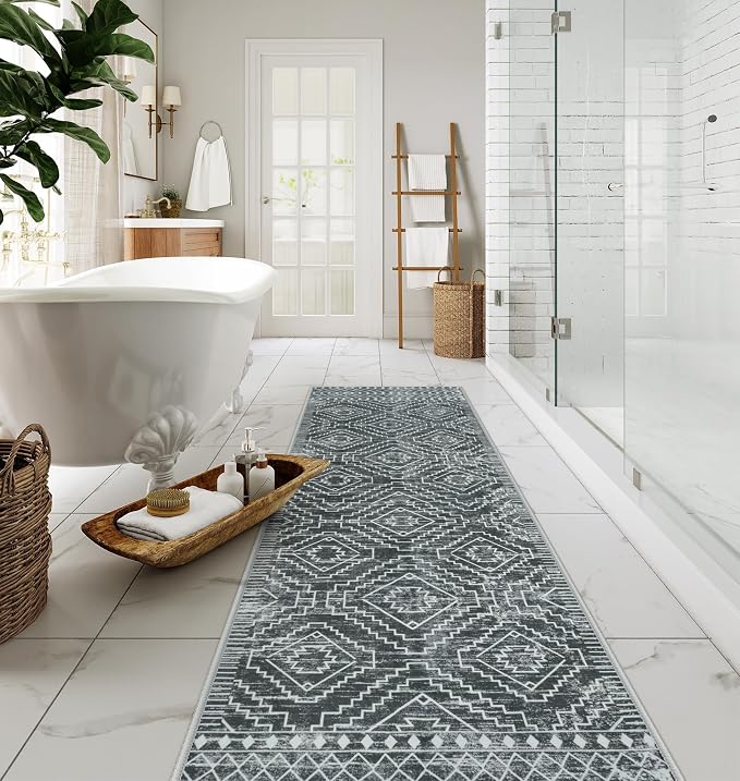 Wonnitar Washable Kitchen Runner Rug 2x6, Moroccan Grey Runners for Hallway, Non Slip Bohemian Soft Bathroom Throw Mat Geometric Carpet Runner for Laundry Entryway Bedroom (Dark Grey,2'x6')