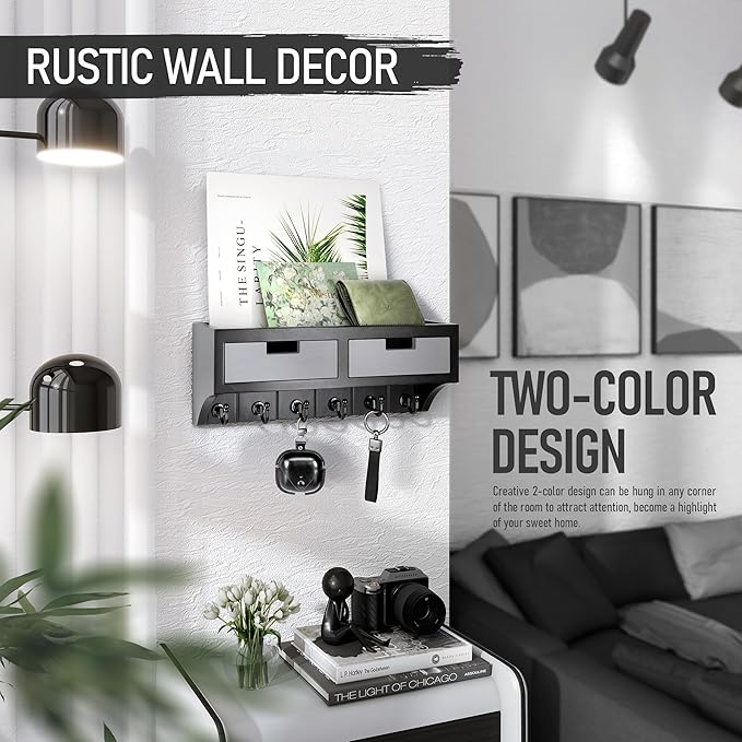 Rebee Vision Key Holder Wall Mount with 2 Organizer Drawers : Decorative Mail Organizer for Wall with 6 Key Hooks and Small Wall Shelf - Modern Aesthetic Room Decor (Black & Gray)