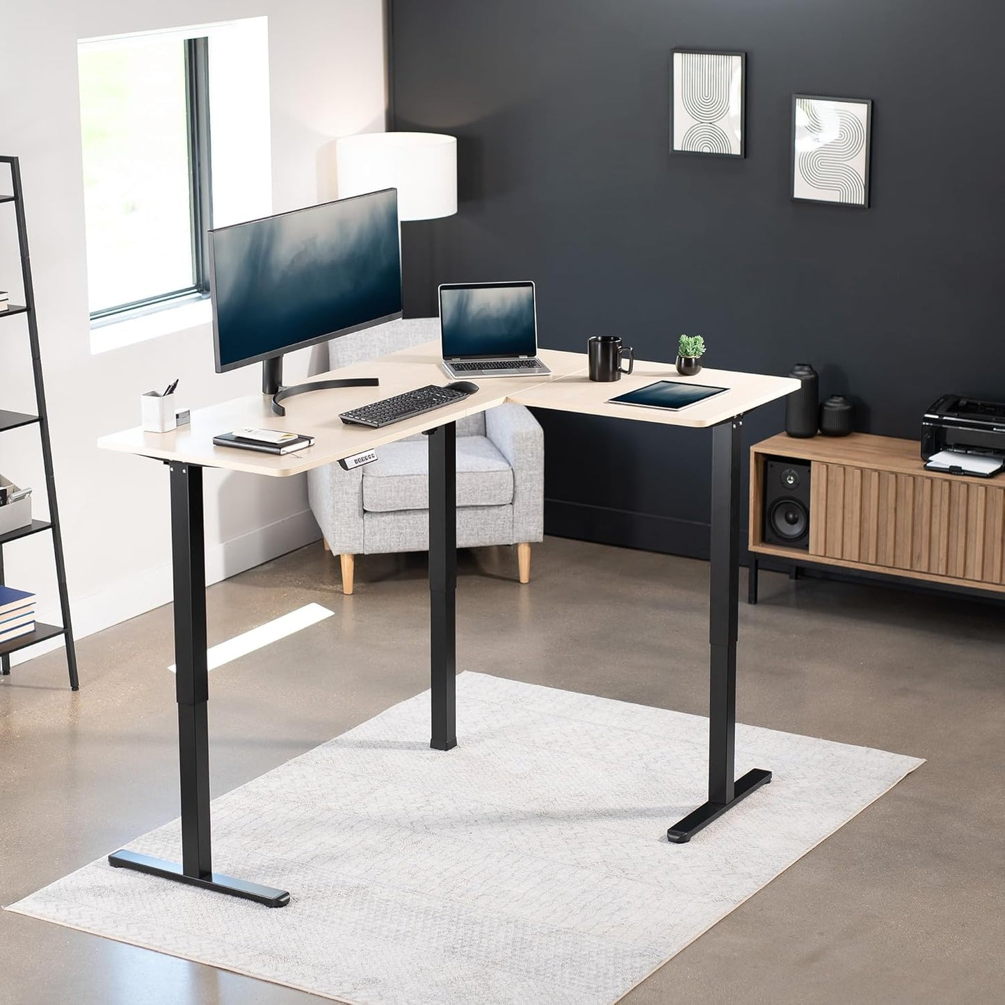 VIVO L-Shaped Corner Standing Desk - 63 x 47 Inch Electric Height Adjustable Workstation | Light Wood & Black Frame