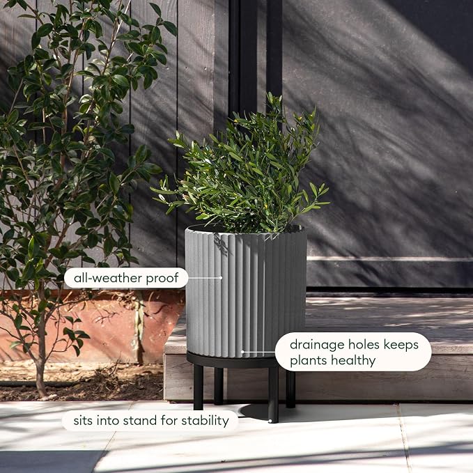 Veradek Demi Series Round Planter w/ Stand for Porch/Patio | Durable Plastic-Concrete & Wooden Stand | Modern Décor for Tall Plants, Flowers