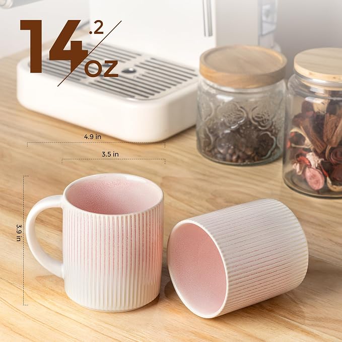 theterra Ceramic Coffee Mugs Set of 6, 14.2oz Handmade Coffee Cups with Handle for Latte, Tea, Milk, Beer, Hot Cocoa, Primrose Pink