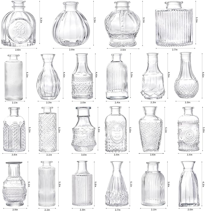 32pcs Glass Bud Vase Set, Small Vintage Glass Vase, Mini Vases for Flowers for Wedding, Party, Home or Table Decoration