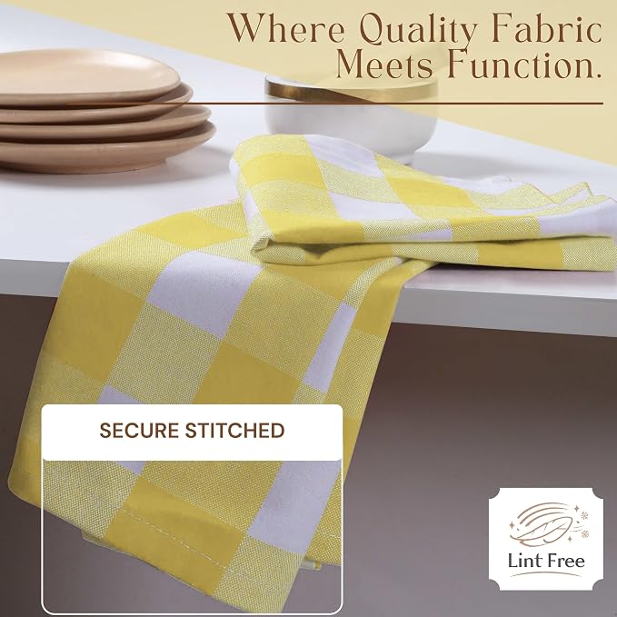 Buffalo Check Kitchen Towels, 16x26 Inches, 4 Pack Plaid Tea Towels, Reusable Cotton Dish Cloths, Quick Drying, Absorbent Towel for Cooking, Drying Dishes, Lemon Yellow and White