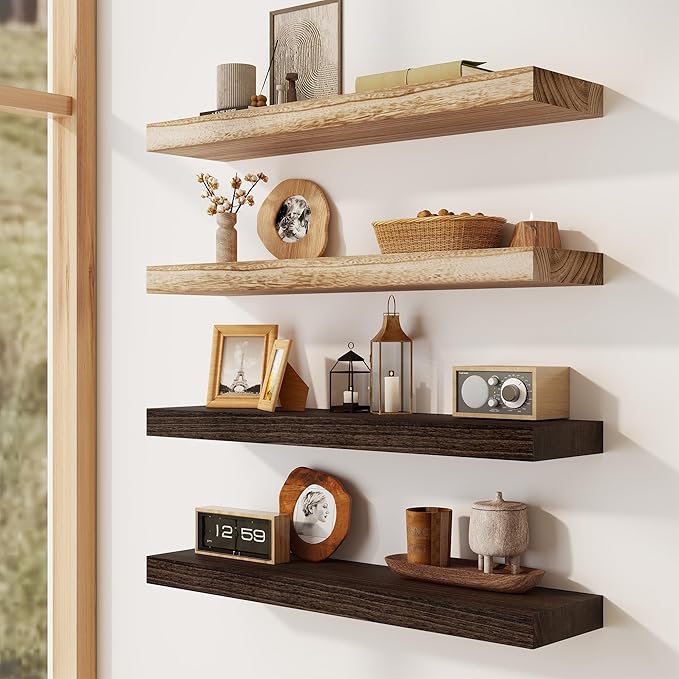 Solid Wood Floating Shelves for Wall 48"W x 8"D x 1.56"H Set of 2, Deep Wall Shelves for Living Room Bedroom Bathroom Kitchen Decor Storage with Invisible Heavy-Duty Metal Bracket, Carbonized Black