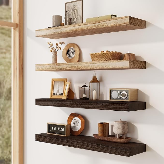 Solid Wood Floating Shelves for Wall 24"W x 8"D x 1.56"H Set of 2, Deep Wall Shelves for Living Room Bedroom Bathroom Kitchen Decor Storage with Invisible Heavy-Duty Metal Bracket, Rustic Brown