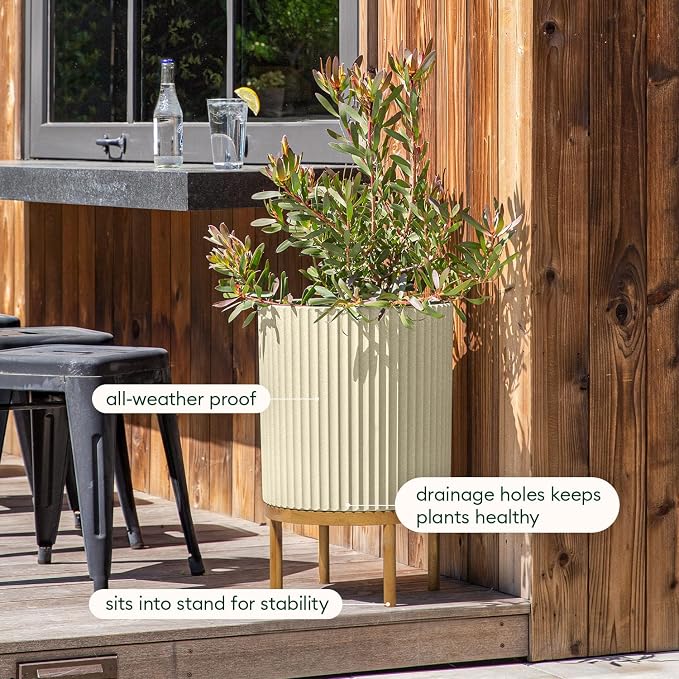 Veradek Demi Series Round Planter w/ Stand for Porch/Patio | Durable Plastic-Concrete & Wooden Stand | Modern Décor for Tall Plants, Flowers