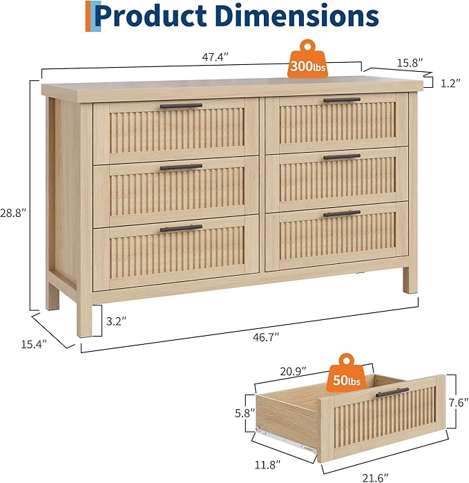 GarveeHome Fluted 6 Drawer Dresser for Bedroom, 47.4 in Wide Mid Century Modern Chest of Drawers, Wooden Fluted Dresser Chest with Clothes Storage Cabinet, Drawer Organizer for Living Room, Natural