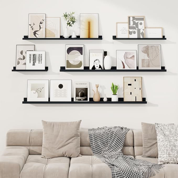 RICHFOCUS Picture Ledge Shelf, 72 inch Floating Shelves Set of 2, Wood Wall Shelves with Lip, Wall Decor Storage for Bedroom Living Room Bathroom Kitchen Nursery Photo Picture, Black