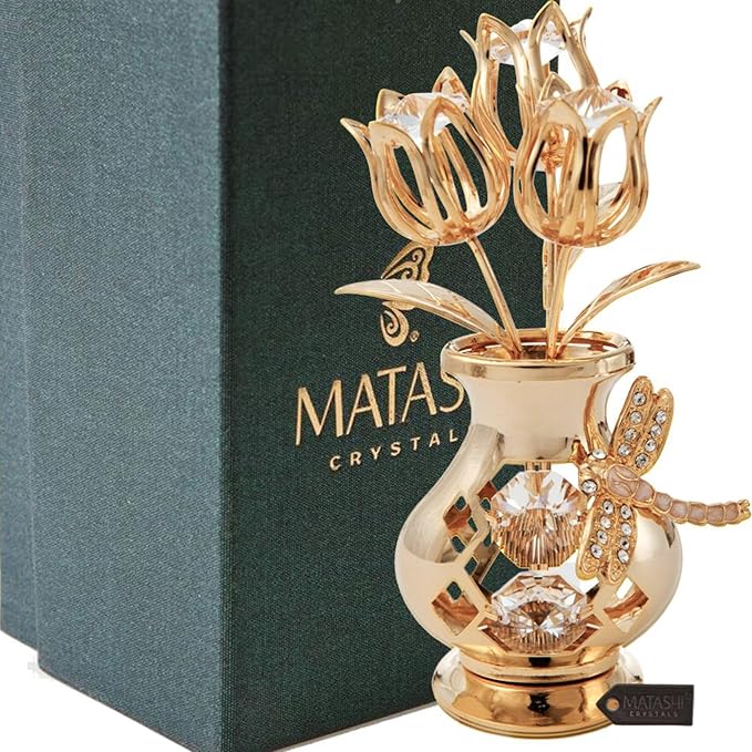 Matashi 24K Gold Plated Crystal Flower Vase with Dragonfly Figurine – Beautiful Home Décor – Ideal Christmas, Valentine’s for Women, Mom, or Friends