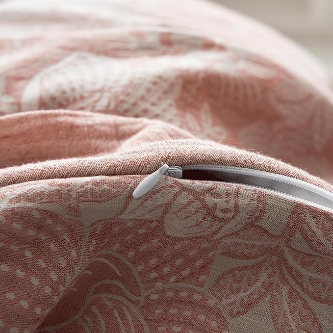 Blush Pink Floral Duvet Cover Queen Vintage Pink Flower Jacquard Comforter Cover with Edge Design Linen Cotton Yarn-Dyed Textured Flower Duvet Cover Breathable Comfy Cottagecore Bedding Set Queen