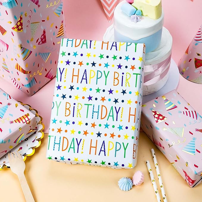 Burymento Birthday Hat Wrapping Paper, Reversible Happy Birthday Design Gift Wrap for Baby Shower, Valentines, Mothers day, Graduation, Wedding, Fathers day, Christmas (17 Inch X 32.8 Feet)