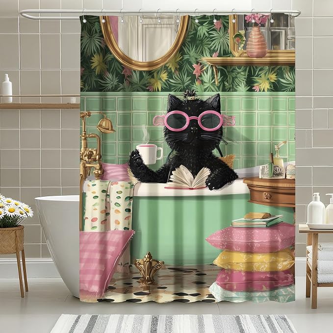 Funny Cat Shower Curtain Cute Kitten Taking Bath Shower Curtains for Bathroom Waterproof Fabric Bath Curtain Decor with Hooks