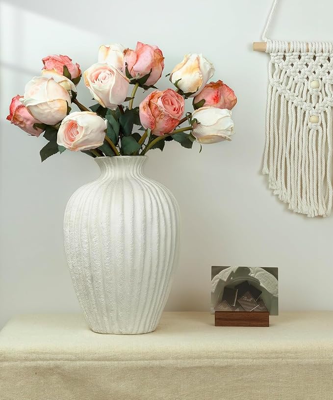 Handmade Ceramic Decorative Vase – Warm White Rustic Textured 10.4” Round Vase with Irregular Waves and Weathered Stone Finish for Home, Office, Farmhouse Decor