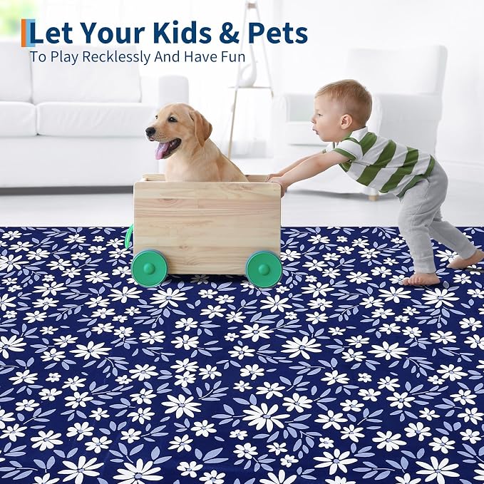 Washable 8x10 Rug Modern Floral Area Rug for Living Room Low Pile Soft Bedroom Indoor Carpet Modern Solid Large Rugs Non Slip Thin Foldable Floral Carpet Mat for Nursery Dining Room, Navy