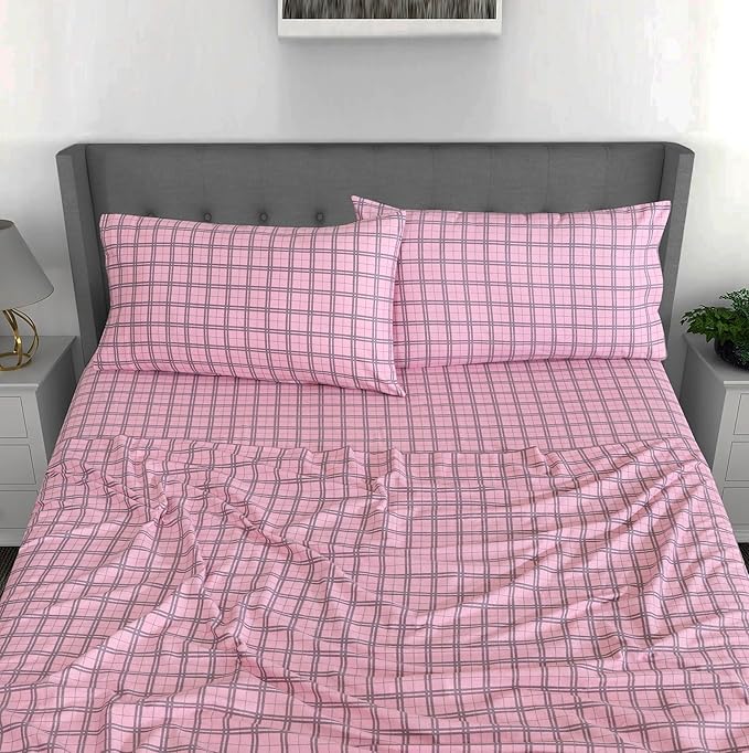 RUVANTI Flannel Sheets Full Size - 100% Cotton Double Brushed Bed Sheets Set, Deep Pockets 16 Inches, All Seasons Breathable & Extra Soft Full Sheets, Warm & Cozy, 4 Piece, Check & Bolt Pink