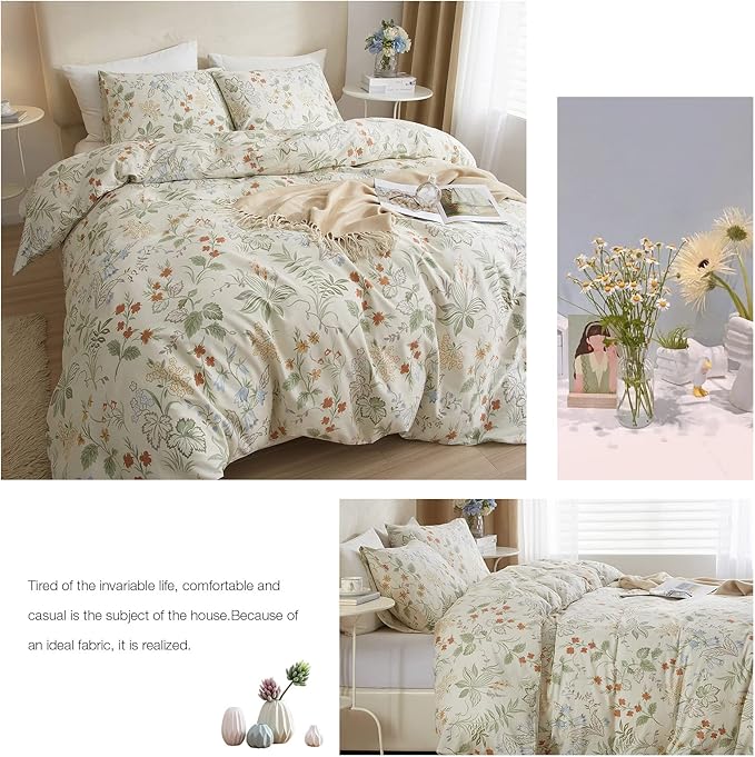 EAVD Vintage Floral Duvet Cover Queen Size White Soft 100% Cotton 3-Piece Chic Coquette Bedding Set with 2 Pillowcases Garden Botanical Floral Comforter Cover with Zipper Closure