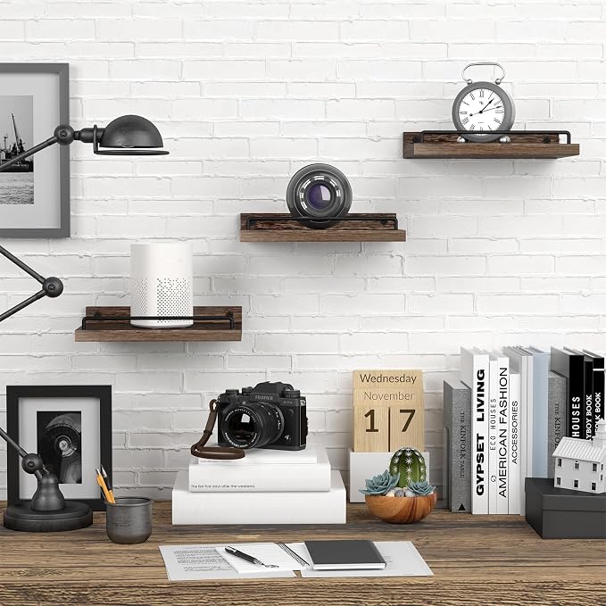 RYOFOBETTO Small Floating Shelf, 6 X 9 Inches Farmhouse Wall Shelves for Living Room, Bedroom, Picture Frames, Plants, Kitchen, Set of 3 (Brown)