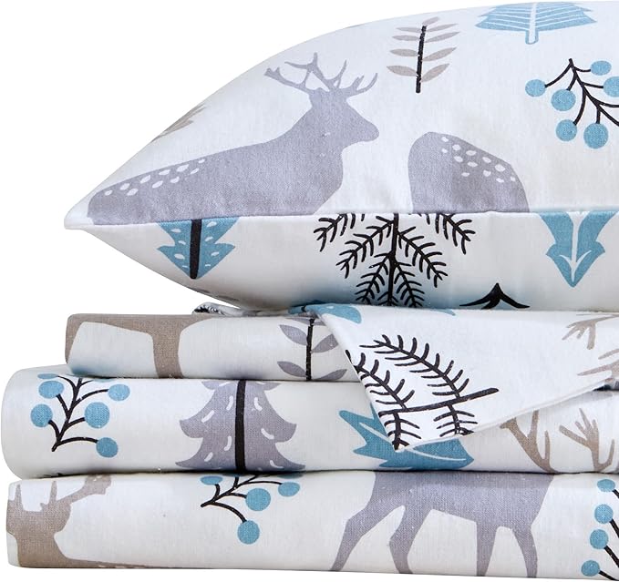 Market & Place 100% Turkish Cotton Flannel Sheet Set | 4 Piece Deep Pocket Novelty Cozy Winter Bed Sheets | Double Brushed for Extra Softness & Comfort | Alpine Collection (King, Holiday Deer)