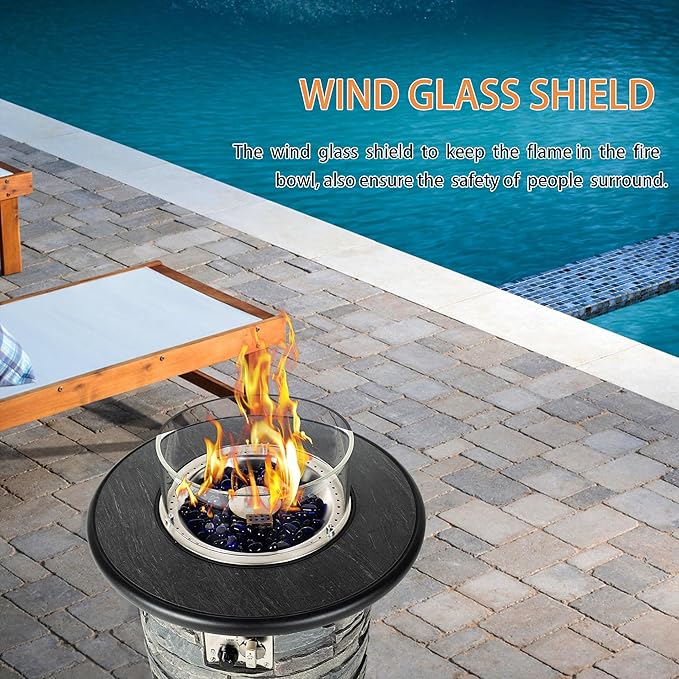 BAIDE HOME Outdoor Propane Fire Pit Table, Round Porcelain Tile Top 22" Fire Bowl Column W/ 40,000 BTU Firepit Table Auto-Ignition 400D Cover Glass Rocks for Outside Patio