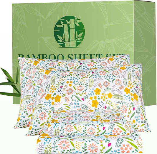 Bedlifes Extra Deep Pocket 18-24" Queen 4-Piece Sheet Set - Cooling Sheets Blend Rayon Derived from Bamboo Soft & Breathable,Featuring Floral