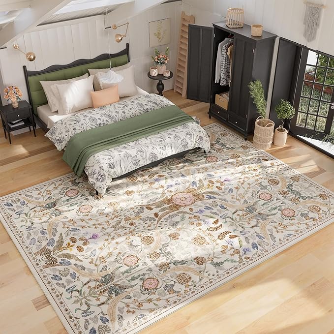 AMTOVO 6x9 Washable Area Rugs for Living Room, Non-Slip Large Soft Boho Floral Vintage Accent Print Carpet for Bedroom Dorm Nursery Room Dining Room Farmhouse Home Office, Beige
