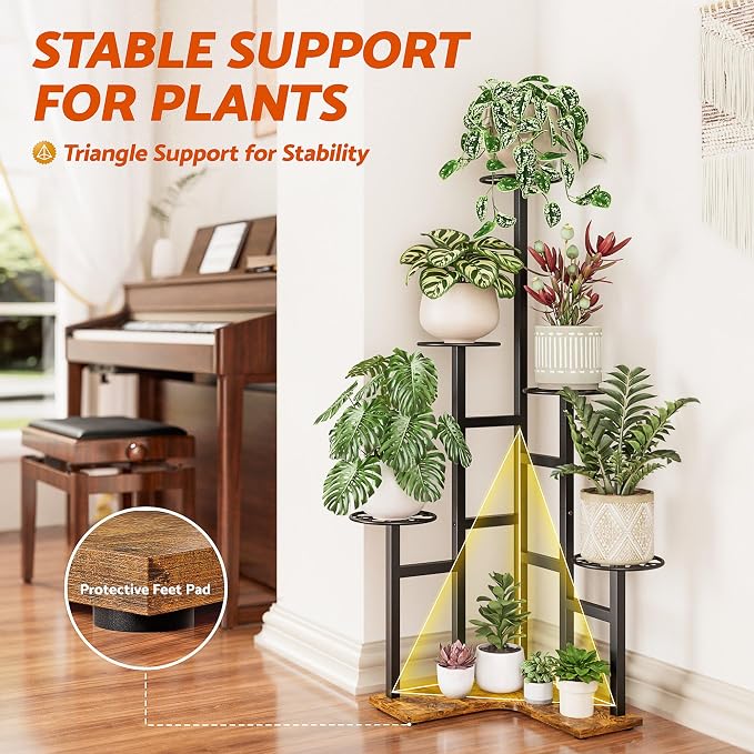 Plant Stand Indoor Outdoor, 6 Tier Tall Metal Wood Shelf Holder Display Rack Flower Pot Stand for Patio Garden Balcony Living Room Bedroom