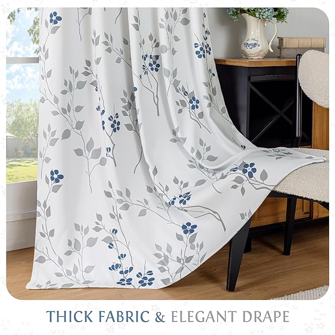 Beauoop Floral 100% Blackout Curtains 84 Inches Long 2 Panels for Bedroom Living Room Blue Grey and White Flower Patterned Room Darkening Thermal Soundproof Grommet Window Treatments Drapes, 52X84