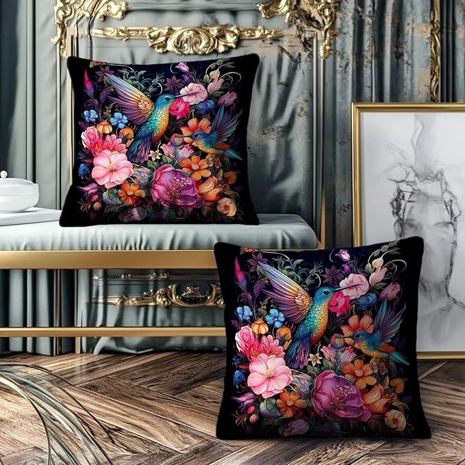 Hummingbird Throw Pillow Covers 18x18 Set of 2 | Reversible Decorative Cushion Cases for Living and Bed Room | Square Bird Pillowcases for Sofa, Couch and Outdoor