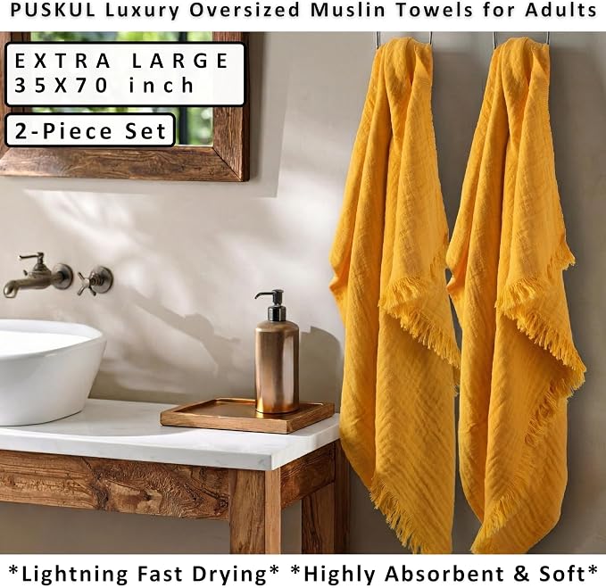 PÜSKÜL - Premium 2-Piece Oversized Muslin Bath Towel for Adult 35x70 Extra Large Bath Sheets | Natural 100% Turkish Cotton Soft Absorbent Quick-Dry Thin Spa & Beach Towels (Pack of 2, Mustard Yellow)