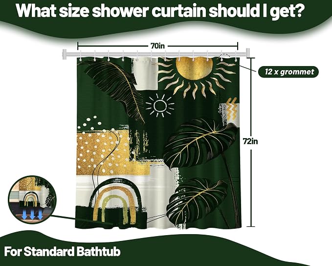 Green and Gold Mid Century Modern Shower Curtain Bohemian Abstract Shower Curtains for Bathroom Decor Sets, Waterproof Cloth Fabric with Hooks, 70x72 Inch