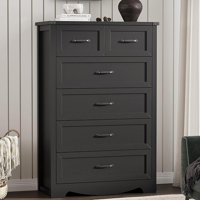 Dresser for Bedroom with 6 Drawers, 49" Tall Wood Chest of Drawers with Deep Drawers & Mental Handle, Modern Dresser TV Stand, Wooden Closet Storage Organizer for Living Room, Hallway, Entryway, Black