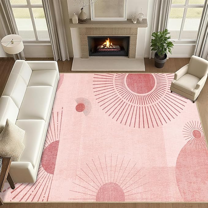9x12 Large Area Rug for Living Room Sun Rug Mid Century Modern Rugs Machine Washable Boho Geometric Rug Non Slip Printed Low Pile Indoor Floor Carpet for Dining Room Bedroom Office,Pink