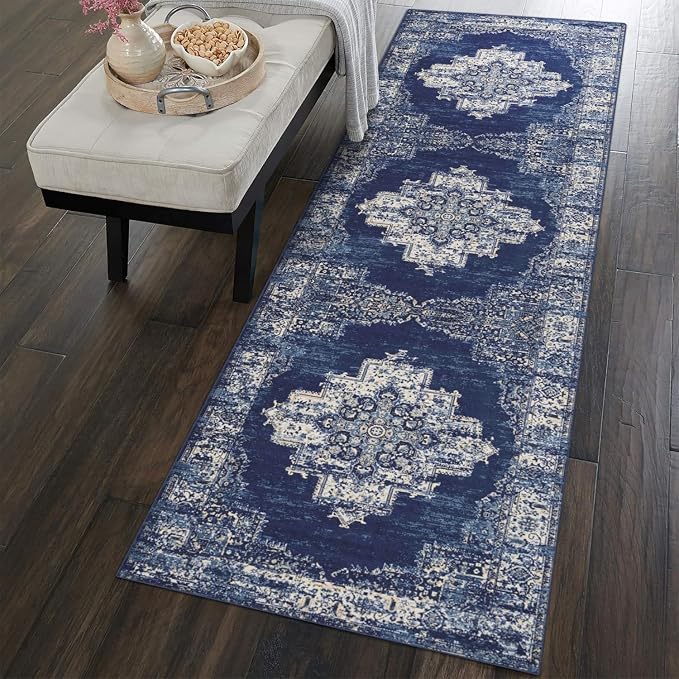vivorug Runner Rug 2x10 Machine Washable Rug with Non-Slip Backing, Ideal for Kitchen Hallway Entryway Laundry Room - Vintage-Inspired, Durable, Easy Clean, Low Pile Carpet Runner, Navy Blue