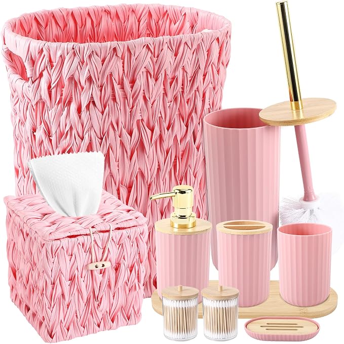 Bathroom Accessory Set, 10 Pieces Bath Set- Wicker Trash Can Tissue Box Soap Dish Toothbrush Holder Rinse Cup Lotion Bottle Toilet Brush Qtip Holder - Practical Bathroom Decor Sets (Pink, Bath Set)