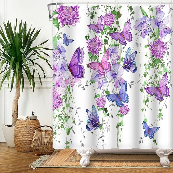 Violet Butterfly Floral Shower Curtain Spring Lavender Shower Curtain Lilac Pink Floral Bathroom Decor Waterproof Polyester Fabric with 12 Hooks,72x108 Inches