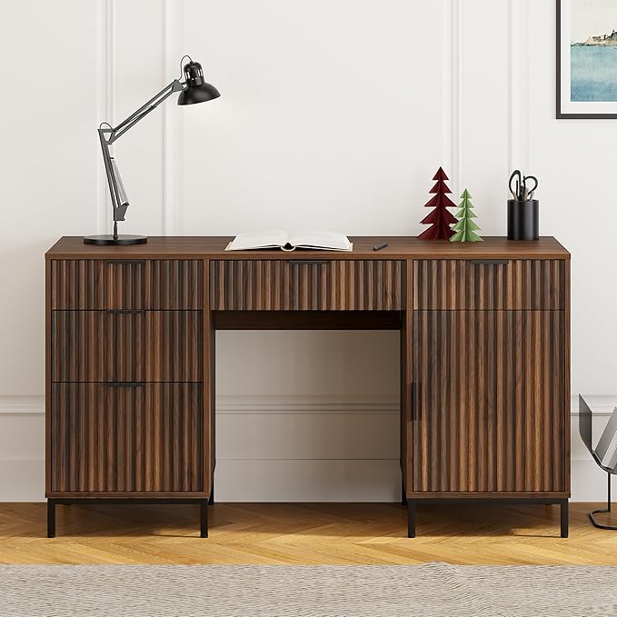 55" Fluted Executive Desk, Modern Home Office Desk with Charging Station, Keyboard Tray, File Drawer, Storage Cabinet, Wood Computer Writing Desk for Work Study Writing, Browm