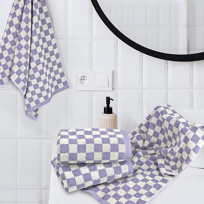 Hand Towel for Bathroom Guest Room Home - 100% Cotton Face Towel Set Lilac Checkered, Extra Soft, Absorbent 4-Piece for Daily Use