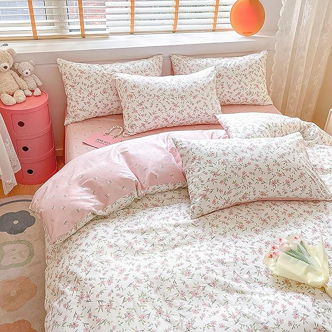EAVD Pink Floral Duvet Cover Full White Soft Cotton Chic Shabby Garden Floral Bedding Set with 2 Pillowcases Cute Floral Botanical Duvet Cover with Zipper Closure