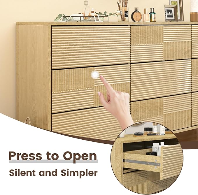 Hadulcet Wooden Dresser for Bedroom, Mid Century Modern 55” Long Fluted 9 Drawers Dresser Storage Clothes for Closet Organizer, Handleless Design, Push to Open, Natural Oak