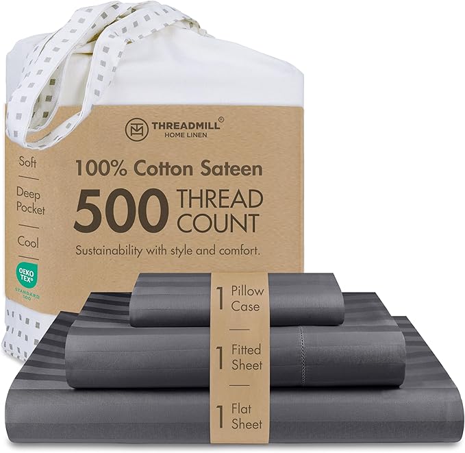 Threadmill 500 Thread Count Twin-XL Size Damask Stripe, 3 Pc Luxury Cotton Bed Sheet Set, Breathable Dark Grey Sheets with 15" Elasticized Deep Pocket, 1 Pillowcase & Free Tote Bag