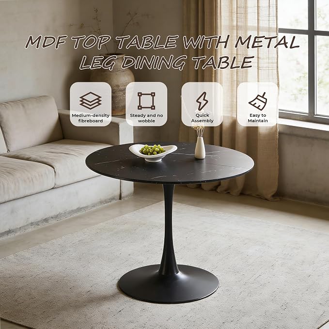 KEIKI 42.1" Round Dining Table, Mid Century Modern Bistro Table with Thickened MDF Tabletop & Metal Pedestal, for 4-6 People, Small Places, Cafe, Kitchen, Living Room, Faux Marble Black