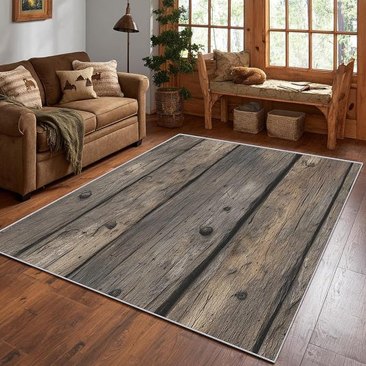 Wood Plank Farmhouse Area Rug, Rustic Vintage Texture Pattern Carpet, Washable Non Slip Low Pile Soft Thin, Living Room Bedroom Home Decor Mat 5x6ft